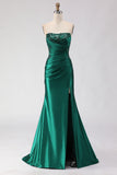Dark Green Mermaid Strapless Sequins Pleated Lace Up Back Long Prom Dress with Slit