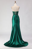 Dark Green Mermaid Strapless Sequins Pleated Lace Up Back Long Prom Dress with Slit