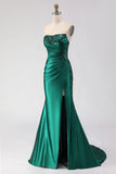 Dark Green Mermaid Strapless Sequins Pleated Lace Up Back Long Prom Dress with Slit