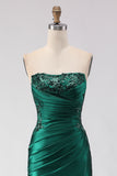 Dark Green Mermaid Strapless Sequins Pleated Lace Up Back Long Prom Dress with Slit