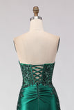 Dark Green Mermaid Strapless Sequins Pleated Lace Up Back Long Prom Dress with Slit