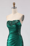 Dark Green Mermaid Strapless Sequins Pleated Lace Up Back Long Prom Dress with Slit