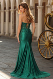 Dark Green Mermaid Strapless Sequins Pleated Lace Up Back Long Prom Dress with Slit