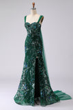 Dark Green Mermaid Sequin Long Prom Dress with Slit
