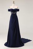 Navy Off the Shoulder A Line Corset Long Prom Dress with Streamer