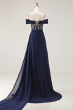 Navy Off the Shoulder A Line Corset Long Prom Dress with Streamer