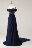 Navy Off the Shoulder A Line Corset Long Prom Dress with Streamer