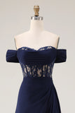 Navy Off the Shoulder A Line Corset Long Prom Dress with Streamer
