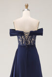 Navy Off the Shoulder A Line Corset Long Prom Dress with Streamer