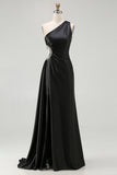 Black Mermaid One Shoulder Cut Out Sequins Long Prom Dress with Slit