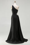 Black Mermaid One Shoulder Cut Out Sequins Long Prom Dress with Slit