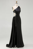 Black Mermaid One Shoulder Cut Out Sequins Long Prom Dress with Slit