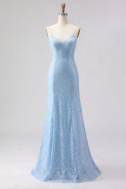 Sparkly Sky Blue Mermaid Beaded Spaghetti Straps Long Prom Dress with Sequins
