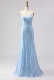 Sparkly Sky Blue Mermaid Beaded Spaghetti Straps Long Prom Dress with Sequins