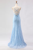 Sparkly Sky Blue Mermaid Beaded Spaghetti Straps Long Prom Dress with Sequins