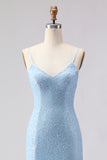 Sparkly Sky Blue Mermaid Beaded Spaghetti Straps Long Prom Dress with Sequins