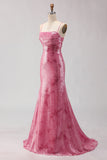 Sparkly Pink Mermaid Sequin Long Prom Dress with Lace Up Back