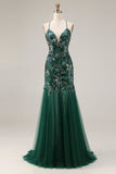 Sparkly Dark Green Mermaid Spaghetti Straps Sequin Open Back Long Prom Dress