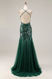 Sparkly Dark Green Mermaid Spaghetti Straps Sequin Open Back Long Prom Dress