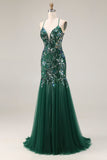 Sparkly Dark Green Mermaid Spaghetti Straps Sequin Open Back Long Prom Dress
