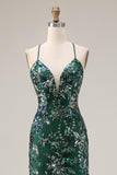 Sparkly Dark Green Mermaid Spaghetti Straps Sequin Open Back Long Prom Dress