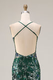 Sparkly Dark Green Mermaid Spaghetti Straps Sequin Open Back Long Prom Dress