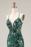 Sparkly Dark Green Mermaid Spaghetti Straps Sequin Open Back Long Prom Dress