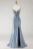 Grey Blue Mermaid Appliqued Lace Up Back Satin Long Prom Dress with Slit