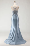 Grey Blue Mermaid Appliqued Lace Up Back Satin Long Prom Dress with Slit