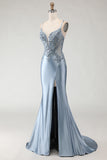 Grey Blue Mermaid Appliqued Lace Up Back Satin Long Prom Dress with Slit