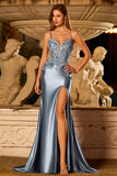 Grey Blue Mermaid Appliqued Satin Lace Up Back Long Prom Dress with Slit