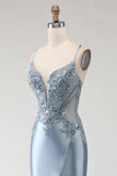 Grey Blue Mermaid Appliqued Lace Up Back Satin Long Prom Dress with Slit