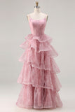 Dusty Rose A Line Corset Tiered Ruffle Long Prom Dress with Lace Up Back