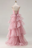 Dusty Rose A Line Corset Tiered Ruffle Long Prom Dress with Lace Up Back