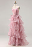 Dusty Rose A Line Corset Tiered Ruffle Long Prom Dress with Lace Up Back