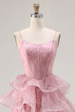 Dusty Rose A Line Corset Tiered Ruffle Long Prom Dress with Lace Up Back
