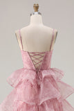 Dusty Rose A Line Corset Tiered Ruffle Long Prom Dress with Lace Up Back
