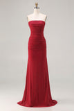Sparkly Red Mermaid Strapless Beaded Long Prom Dress