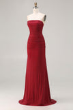 Sparkly Red Mermaid Strapless Beaded Long Prom Dress
