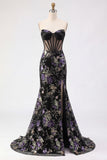 Pink Strapless Mermaid Beaded Corset Sequin Long Prom Dress with Slit