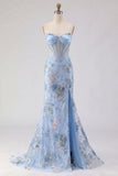 Pink Strapless Mermaid Beaded Corset Sequin Long Prom Dress with Slit
