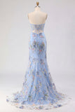 Pink Strapless Mermaid Beaded Corset Sequin Long Prom Dress with Slit