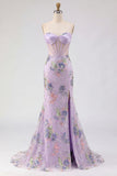 Pink Strapless Mermaid Beaded Corset Sequin Long Prom Dress with Slit