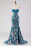 Pink Strapless Mermaid Beaded Corset Sequin Long Prom Dress with Slit
