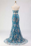 Pink Strapless Mermaid Beaded Corset Sequin Long Prom Dress with Slit