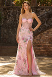 Pink Strapless Mermaid Beaded Corset Sequin Long Prom Dress with Slit