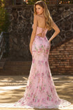 Pink Strapless Mermaid Beaded Corset Sequin Long Prom Dress with Slit