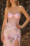 Pink Strapless Mermaid Beaded Corset Sequin Long Prom Dress with Slit