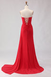 Beaded Red Mermaid Sweetheart Long Prom Dress with Slit