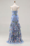 Sparkly Blue Mermaid Sequins Corset Ruffled Floral Long Prom Dress with Slit